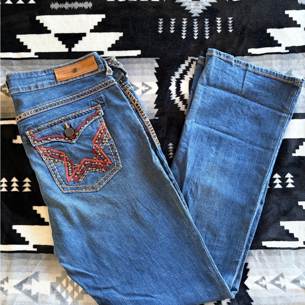 Embroidered Back-Pocket Blue Boot Cut Jeans